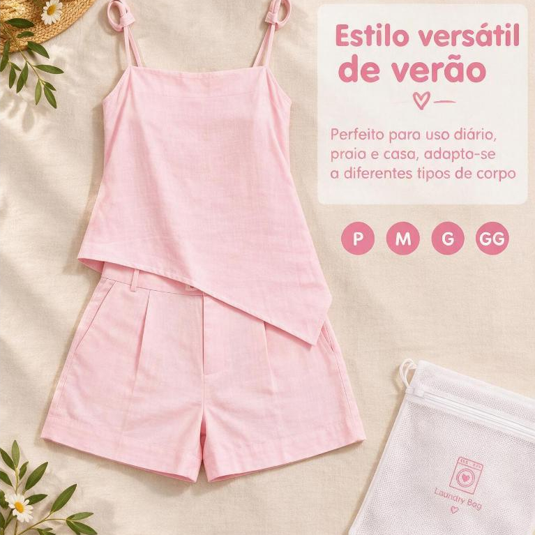Conjunto Feminino Verão Blusa Alcinha Assimétrica + Shorts Cintura Alta, 2 Peças, Tecido Leve, Moda Casual, Roupa para P