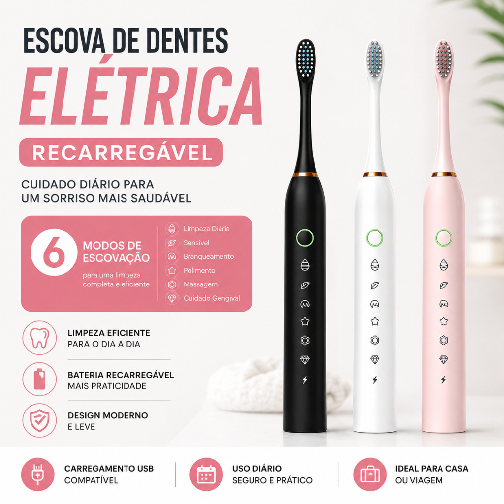 Escova de Dentes Eletrica Recarregável Ultrassônica com Cabeças Substituíveis Prova dágua IPX7