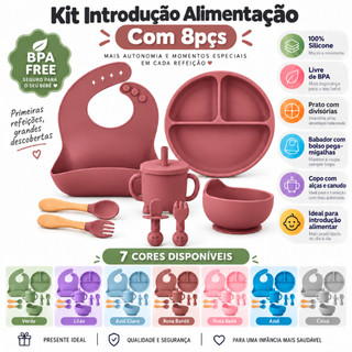 Kit Introdução Alimentar Bebê 8 Peças Silicone Prato Ventosa Babador Copo Bowl Talheres