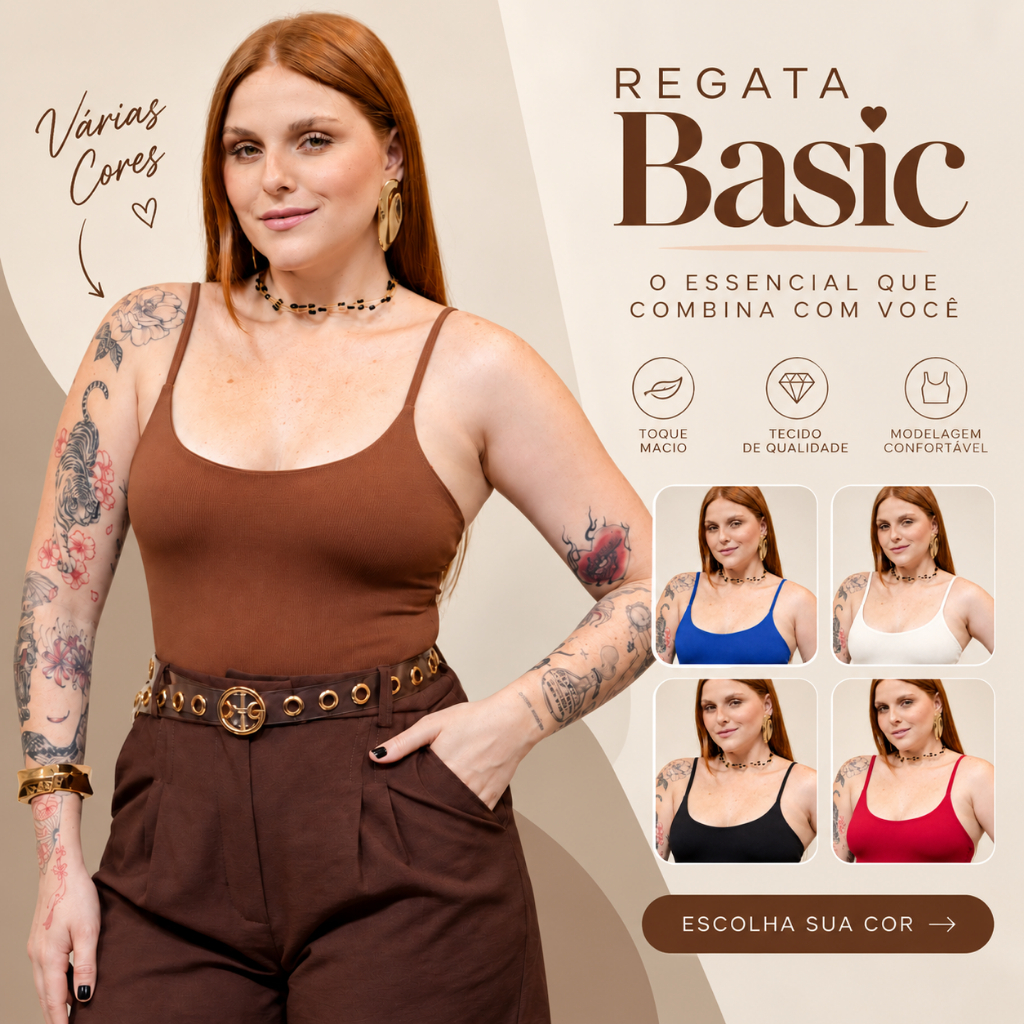 Regata Feminina Basic Top Fashion Básica Justa Sem Mangas em Poliamida com Elastano Confortável Casual para Looks