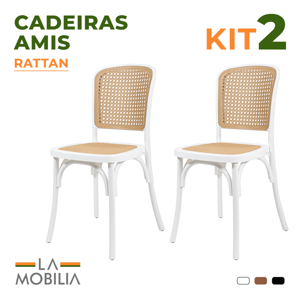Kit 2 Cadeiras Amis Assento Rattan Polipropileno Sala de Jantar Empilhável