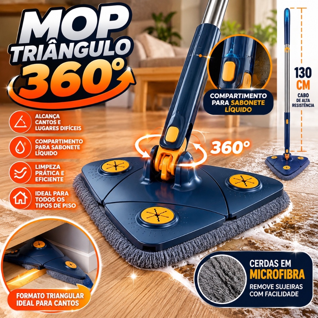 Mop rodo Triangular Giratório 360° Rodo Esfregão Limpeza Mágico Microfibra Cabo 130cm Para Pisos e Cantos + Refil