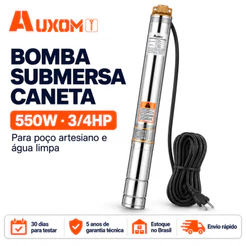 Bomba Submersa Caneta AUXOM 3/4HP 550W 2,5 Pol Inox Para Poço Artesiano 60m 3600L/h Cabo 10m