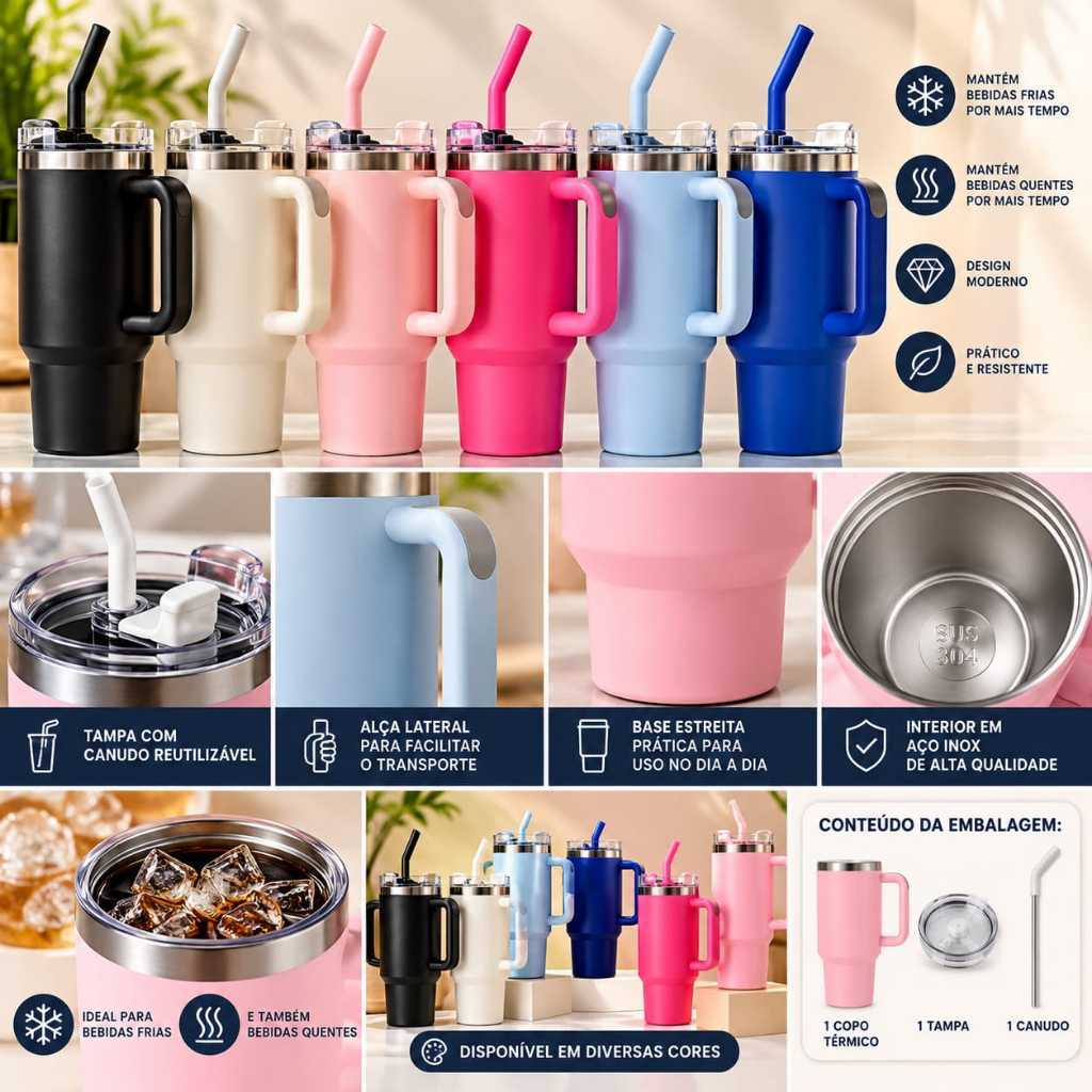 Caneca Copo Térmico Inox 1200Ml Garrafa Térmica Inoxidável com tampa canudo