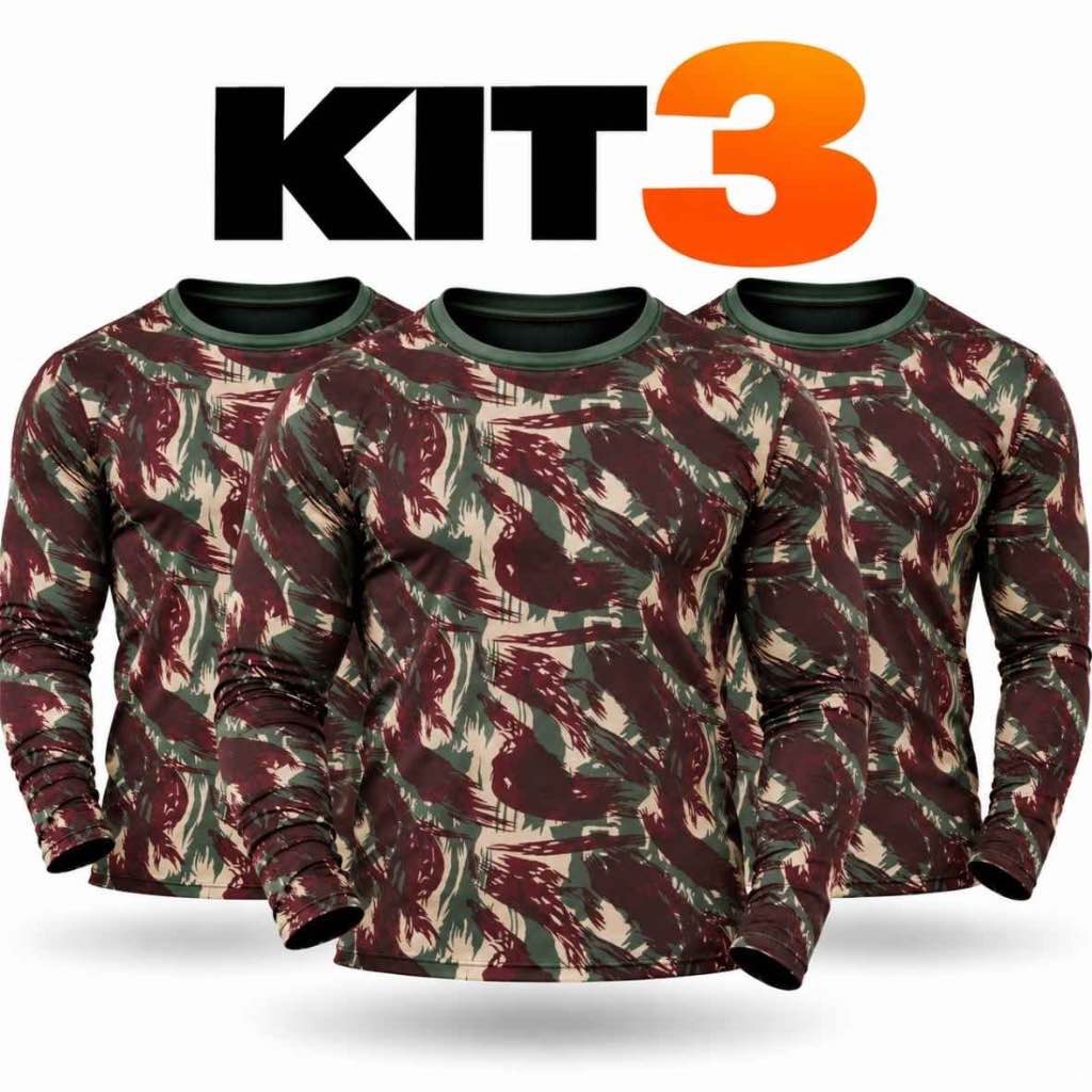 Kit 3 Camisa Térmica Masculina Camuflada UV 50+Proteção Solar Segunda Pele Manga Longa Esporte Outdoor Militar Pescaria.