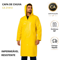 Capa de Chuva PVC Amarela Forrada EPI Costura Reforçada com Capuz Impermeável