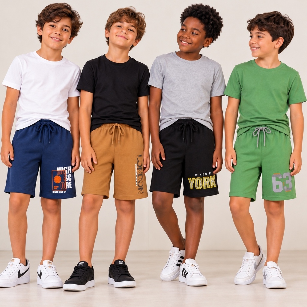 Kit 4 Bermudas Infantis Masculinas de Moletinho Algodão Verão Sortidas Confortáveis Para Meninos