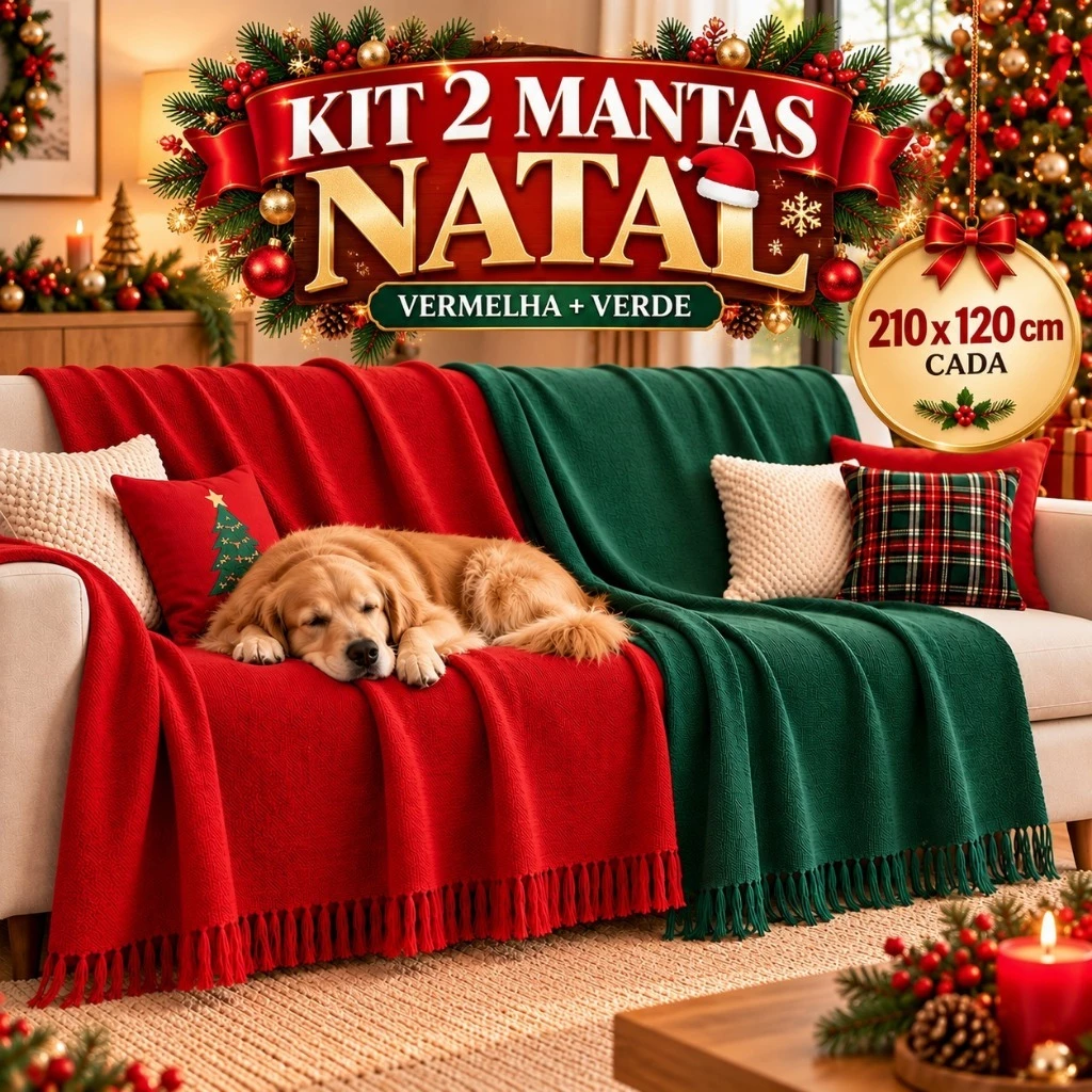 Manta de Natal 210x120 cm Gigante para Sofá e Cama Verde Vermelha Decorativa em Algodão Promocao Natalina — imagem 1