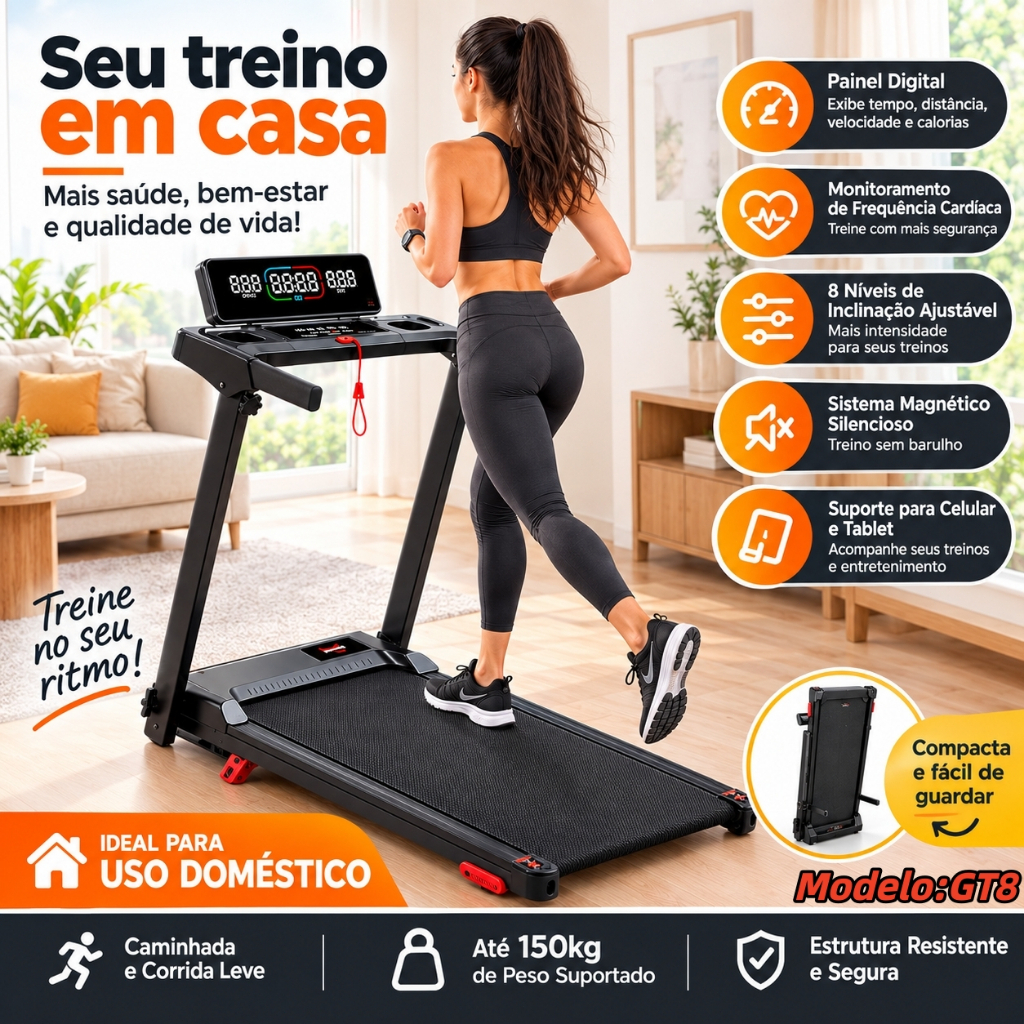 Esteira Ergométrica Elétrica 3.0HP Silenciosa Dobrável Com Bluetooth e Display LED 12km/h Carga 150kg