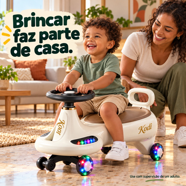 Carrinho Ginga Rolimã com LED, bluetooth, gira 360°, suporta 100kg, ideal para meninos e meninas