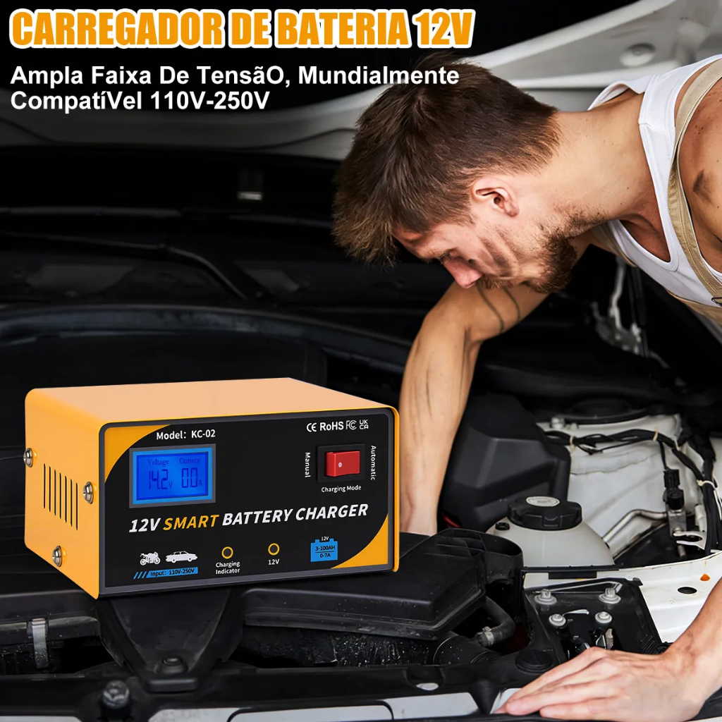 Carregador Inteligente de Bateria Automotiva 12V com Função de Reparo para Carros — imagem 2 de 2