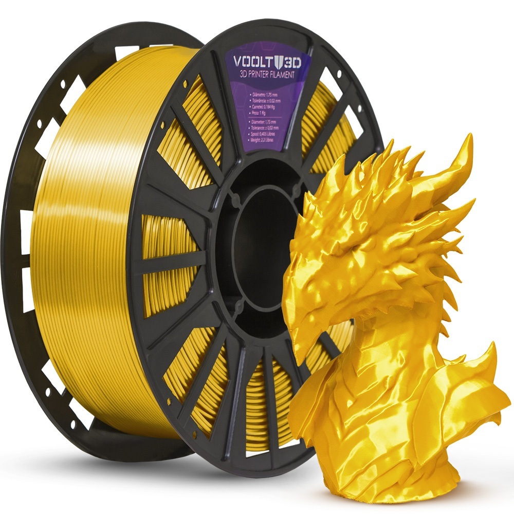 Filamento PLA Dourado V-Silk Voolt3D 1Kg 1,75mm para Impressora 3D FDM