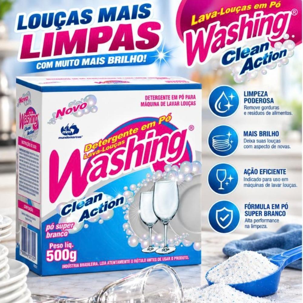Kit 2 Unidades Lava Louças Em Pó Washing Clean Action 500g Super Branco Detergente — imagem 2 de 2