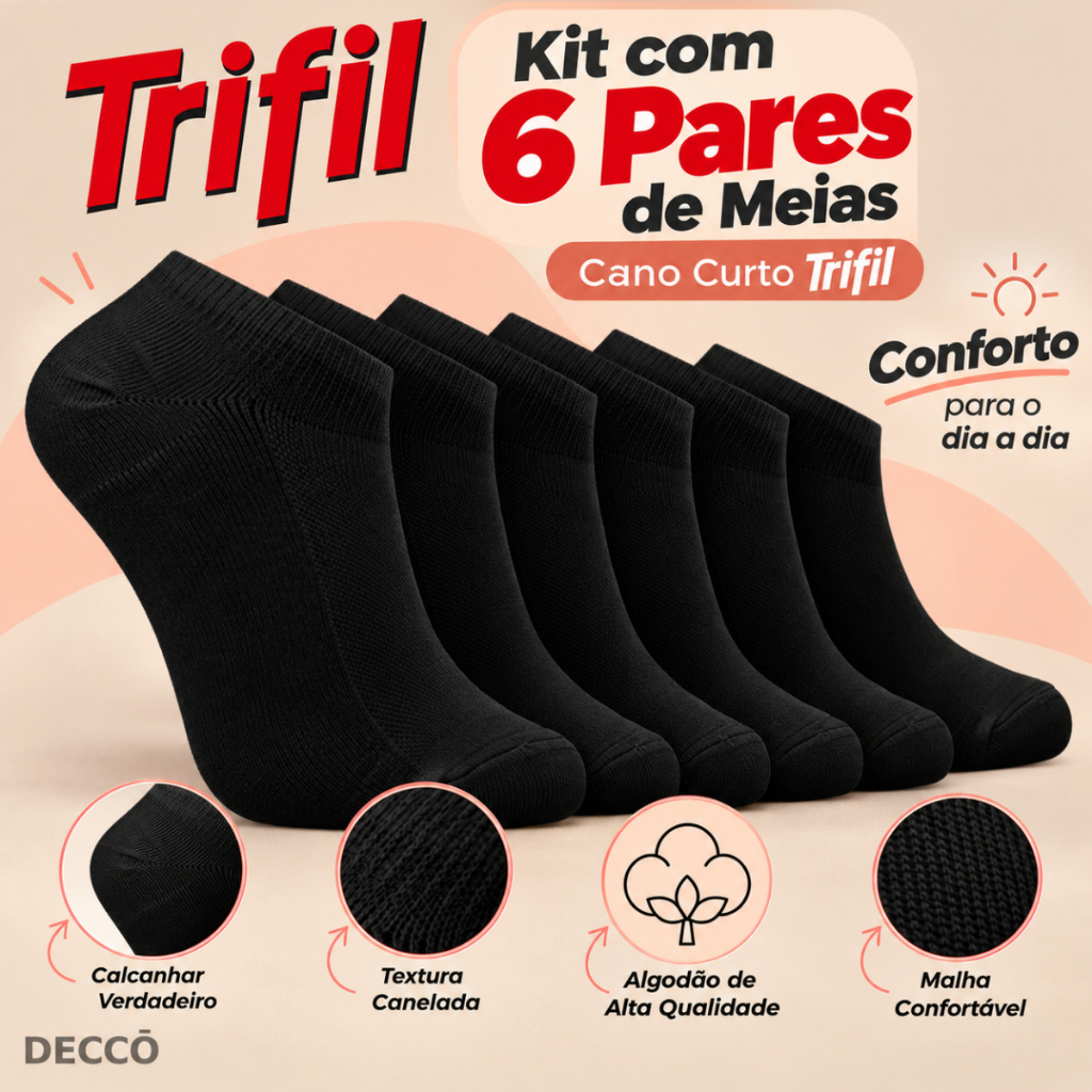 Kit 6 Pares Meia Trifil Cano Curto Esportiva Lisa Moderna Básica Algodão Calcanhar Verdadeiro