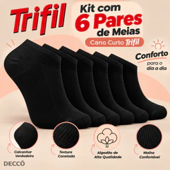 Kit 6 Pares Meia Trifil Cano Curto Esportiva Lisa Moderna Básica Algodão Calcanhar Verdadeiro