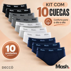 Kit Com 10 Cuecas Mash Slip de Algodao Masculina Original e NF