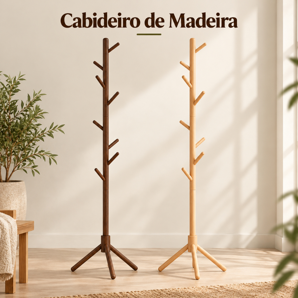Cabideiro Mancebo Madeira Macica 175cm 8 Ganchos Chapeu Bolsa Roupas Quarto Sala Hall Regulável Chão
