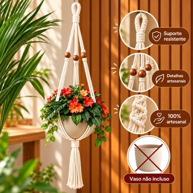 Suporte para Planta em Macramê Feito à Mão 80 cm– Decoração Boho para Vasos com 6 bolinhas demadeira