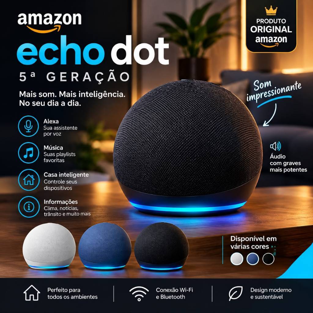 Echo Dot 5ª Geração Alexa Com Som Potente E Controle De Casa Inteligente Com Sensor De Temperatura