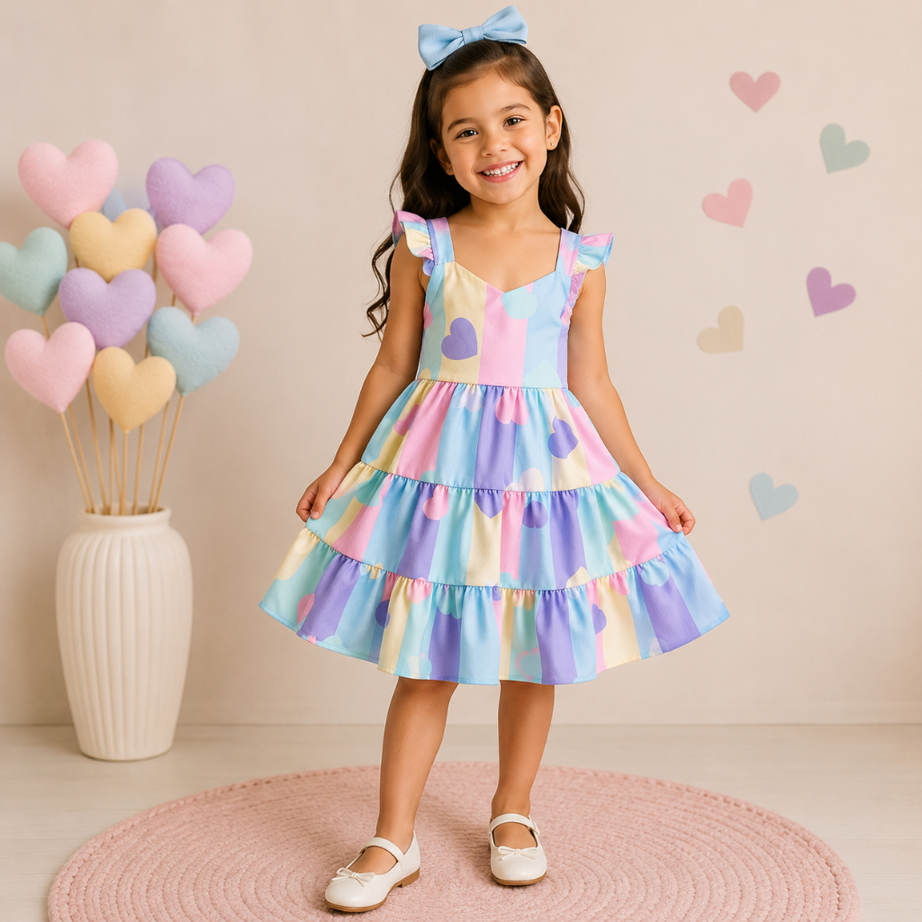 Vestido Infantil Menina Estampado Corações Rodado com Babado Crepe Leve Tamanho 2 ao 12