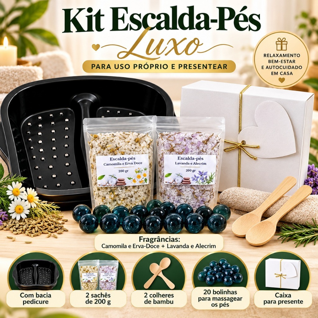 Kit Escalda Pés Luxo Spa Relaxante 2 Sachês 400g Bacia Opcional Colheres de Bambu Bolinhas Massageadoras Presente