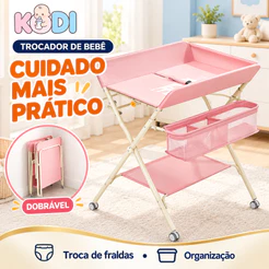 Trocador de Bebê Dobrável 3 Alturas com Cesto Organizador, Rodízios e Espaço para Banheira KODI