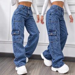 Calça Cargo Jeans Feminina Bolso Lateral Cintura Alta Wide Leg Pantalona