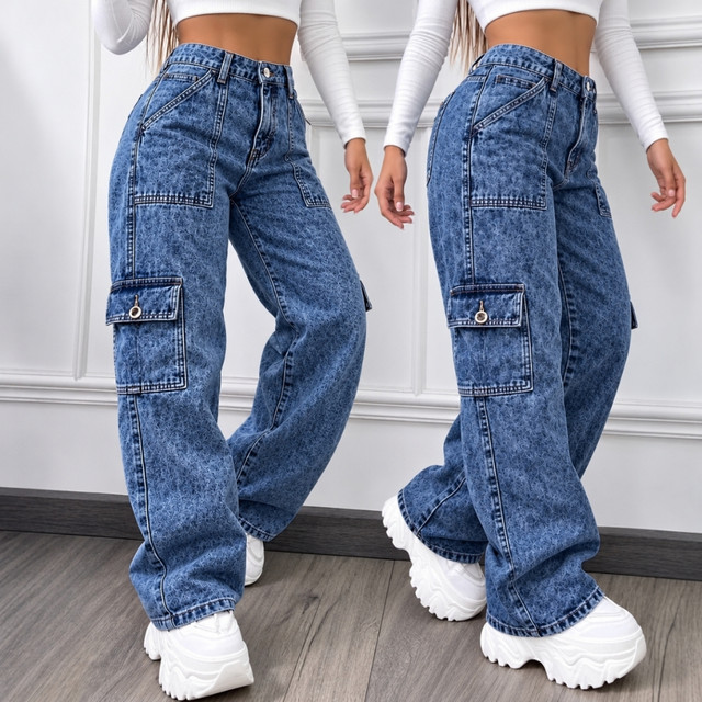 Calça Cargo Jeans Feminina Bolso Lateral Cintura Alta Wide Leg Pantalona