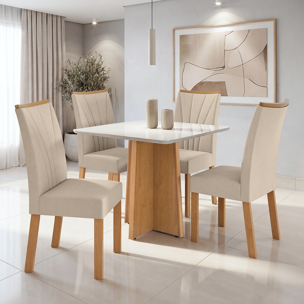 Imagem Conjunto Sala de Jantar Mesa Celebrare 90x90 Tampo Vidro/MDF com 4 Cad Apogeu Veludo Amendoa/Off
