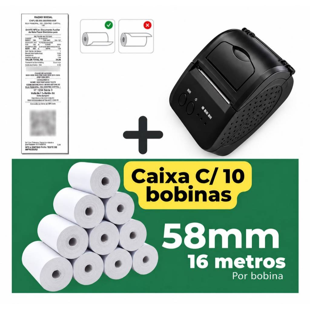 Mini Impressora Bluetooth Termica 58mm Com 10 Bobinas Lisa Fosca