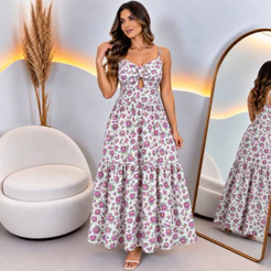 Vestido Feminino Longo Floral Crepe com Bojo Alça Regulável Abertura Elegante Pimenta Rosa