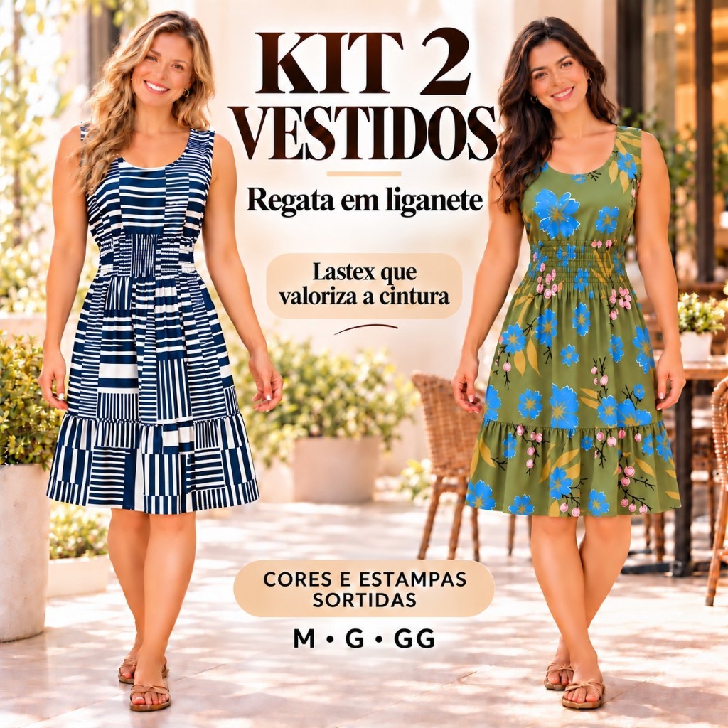 Kit 2 Vestidos Regata Feminino Elastex Na Cintura Estampa Sortida Floral Estampado