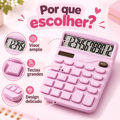 Calculadora Mesa Comercial Escritório Grande 12 Dígitos Solar e Pilha Azul Rosa Colorida