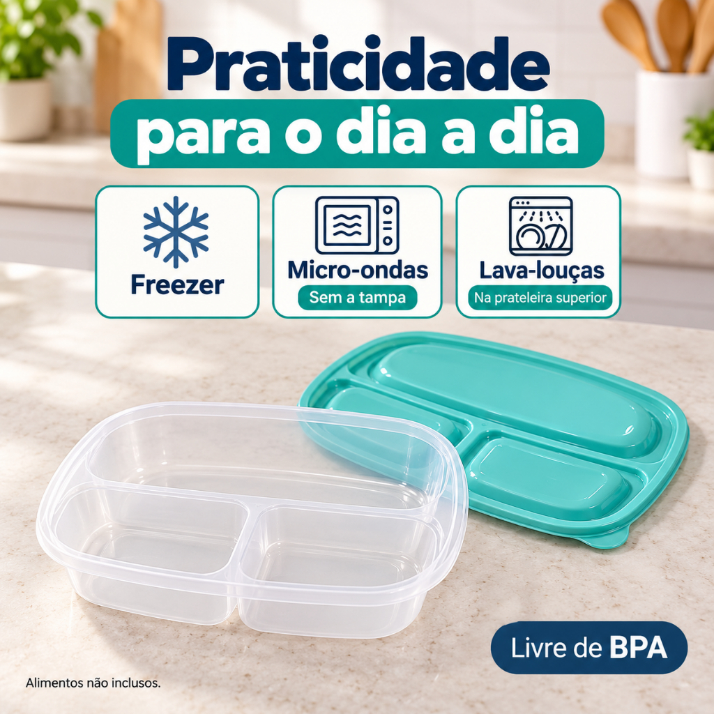 Pote para Marmita com 3 Divisórias e Tampa Livre de BPA Kit com 4 6 ou 8 Unidades — imagem 2 de 2
