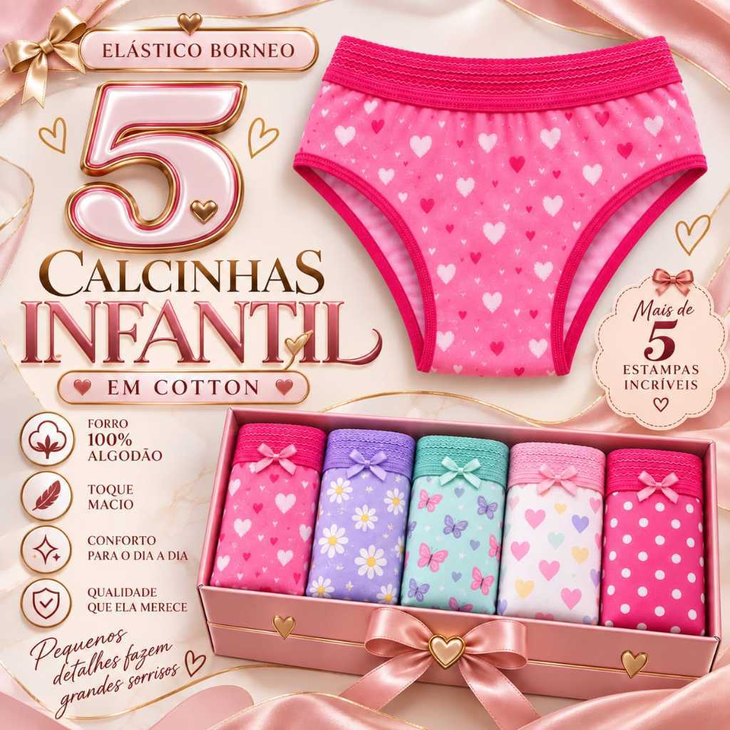 Kit com 5 Calcinhas Elástico Borneo Estampadas Infantil em Algodão para Meninas Forro 100% Algodão