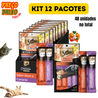 Churu Snack Sheba Cremoso Atum e Camarão para Gatos kit 12 pacotes total 48 un