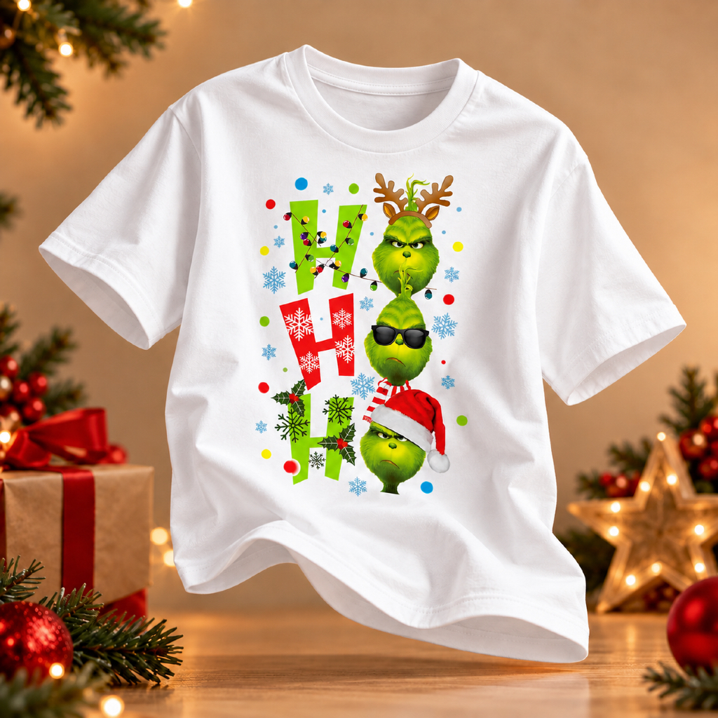 Camiseta Natalina Grinch Unissex Ho Ho Ho Estampada Manga Curta Blusa de Natal Masculina Feminina e infantil