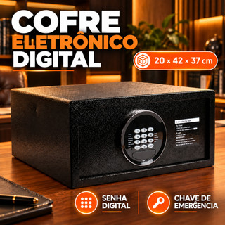 Cofre Eletrônico Digital Preto 20x42x37cm em Aço com Senha e Chave de Emergência, Carpete Interno, 4 Pilhas AA e Manual,