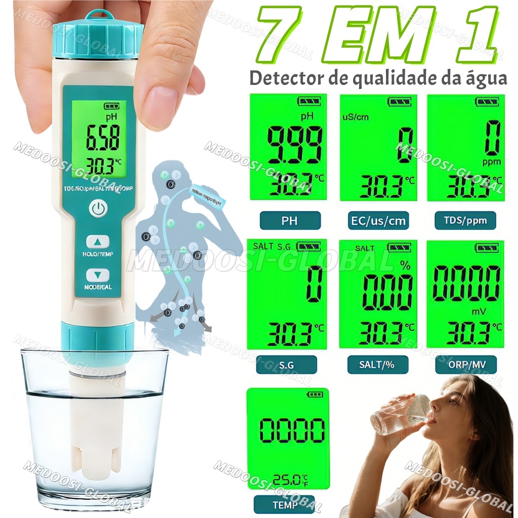 Medidor Digital 7 Em 1 Ph Ec Tds Orp Sg Salinidade E Temperatura De Potável , Piscina , Hidropônicos