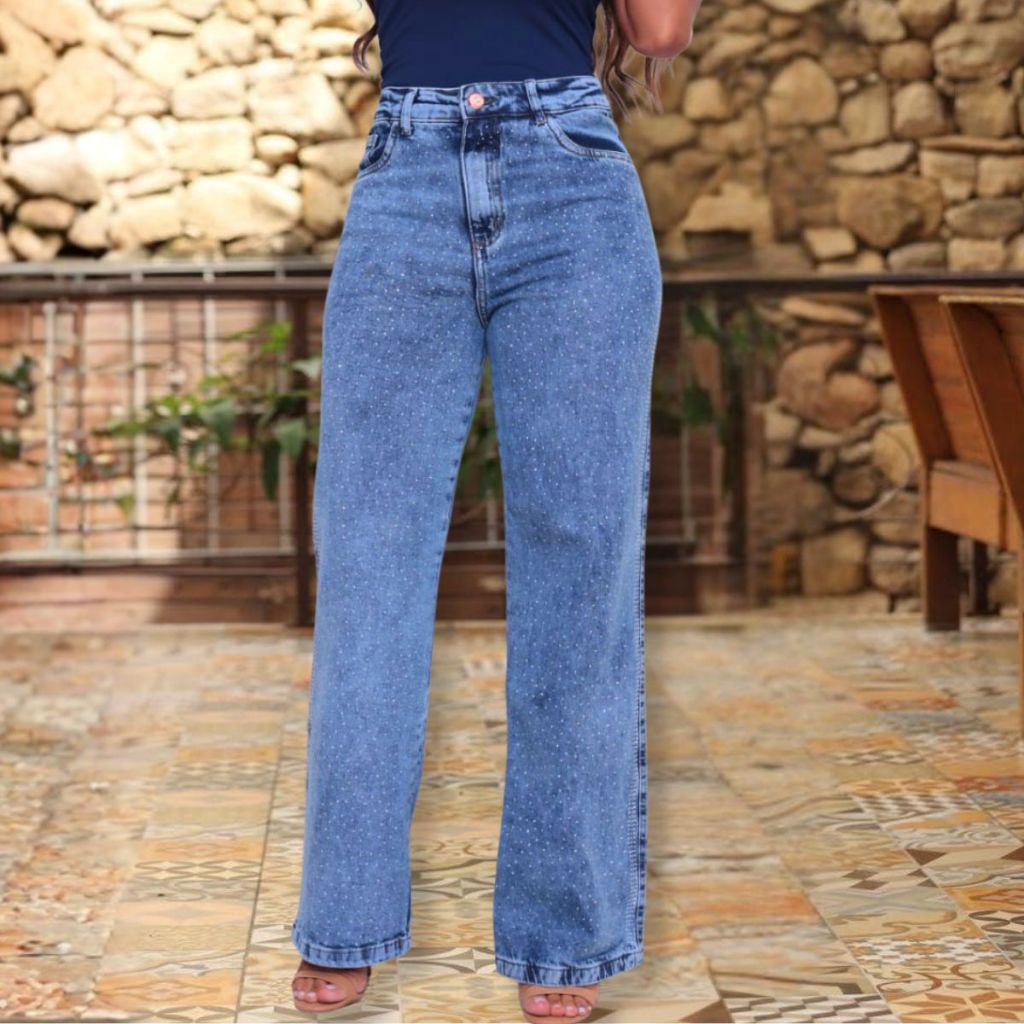 Calça Jeans Feminina Wide Leg Pantalona Cintura Alta Premium Tecido grosso Blogueira brilho Strass