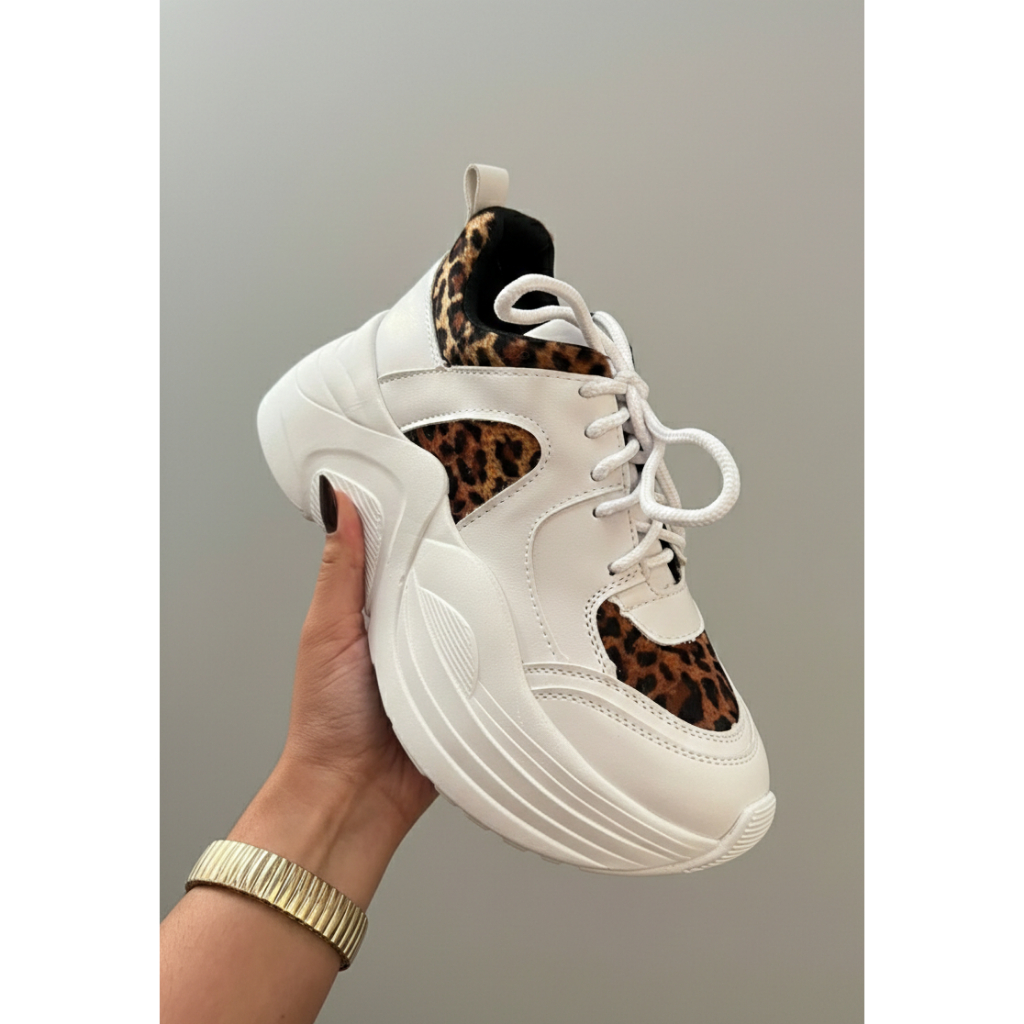 Tenis Feminino Branco Onça Sola Alta Bloco Caixa Moda Urbana Casual Blogueira Estilosa Animal Print