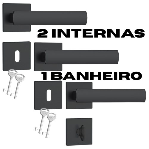 Kit 2 Fechaduras Internas + 1 Fechadura Banheiro Stam  Roseta Quadrada 40mm Preto Fosco Cromado Escovado