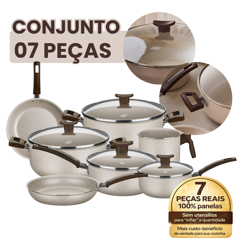 Kit Jogo 7 Panelas com Tampa de Vidro Baunilha MTA Frigideira + Panela + Leiteira Conjunto Cozinha em Oferta na Shopee