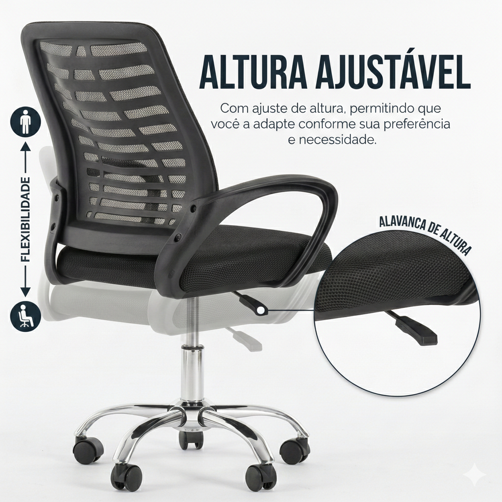 Cadeira Ergonômica Mesh Preta Giratória Escritório Confortável Ajustável