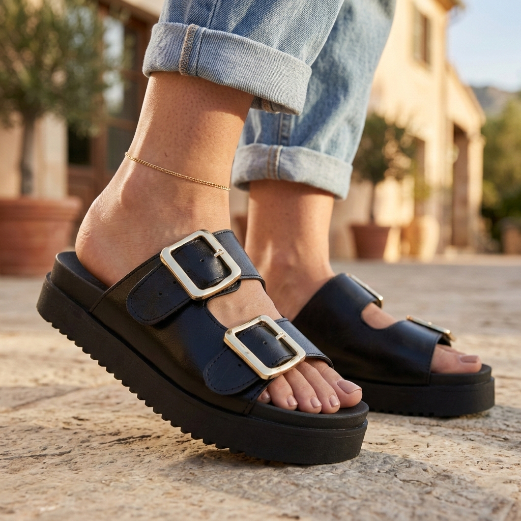 Sandália Papete Birken Feminina Fivela Dourado Luxo Plataforma Confortável Blogueira Lançamento