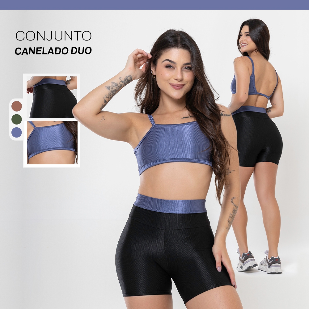 Conjunto Duo Canelado Brilhoso – Top Costas Abertas + Short Academia em Oferta na Shopee