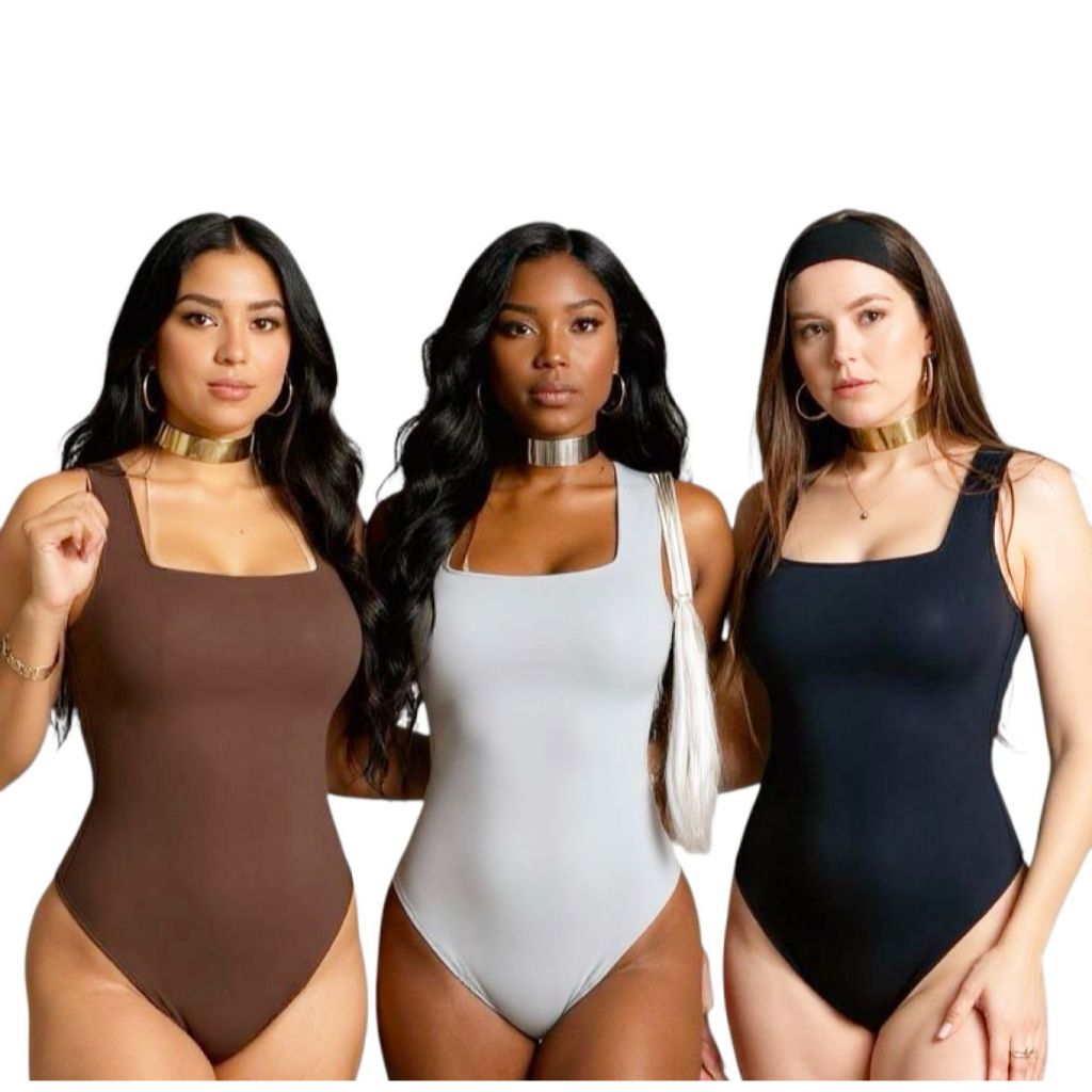 KIT 3 BODY FEMININO REGATA SUPLEX DECOTE QUADRADO FORRO DUPLO