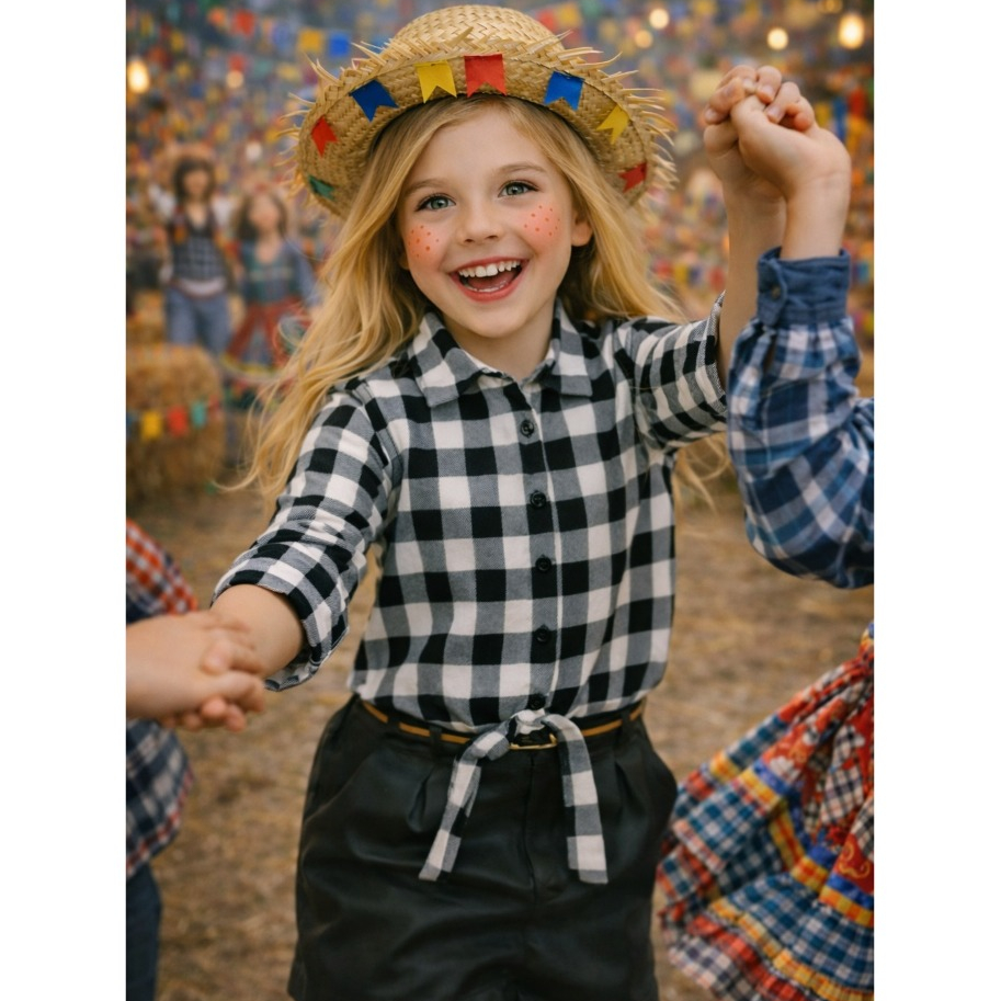 Camisa Festa junina Infantil Criança Xadrez Arraial Meninas Outono Inverno Quadriculada