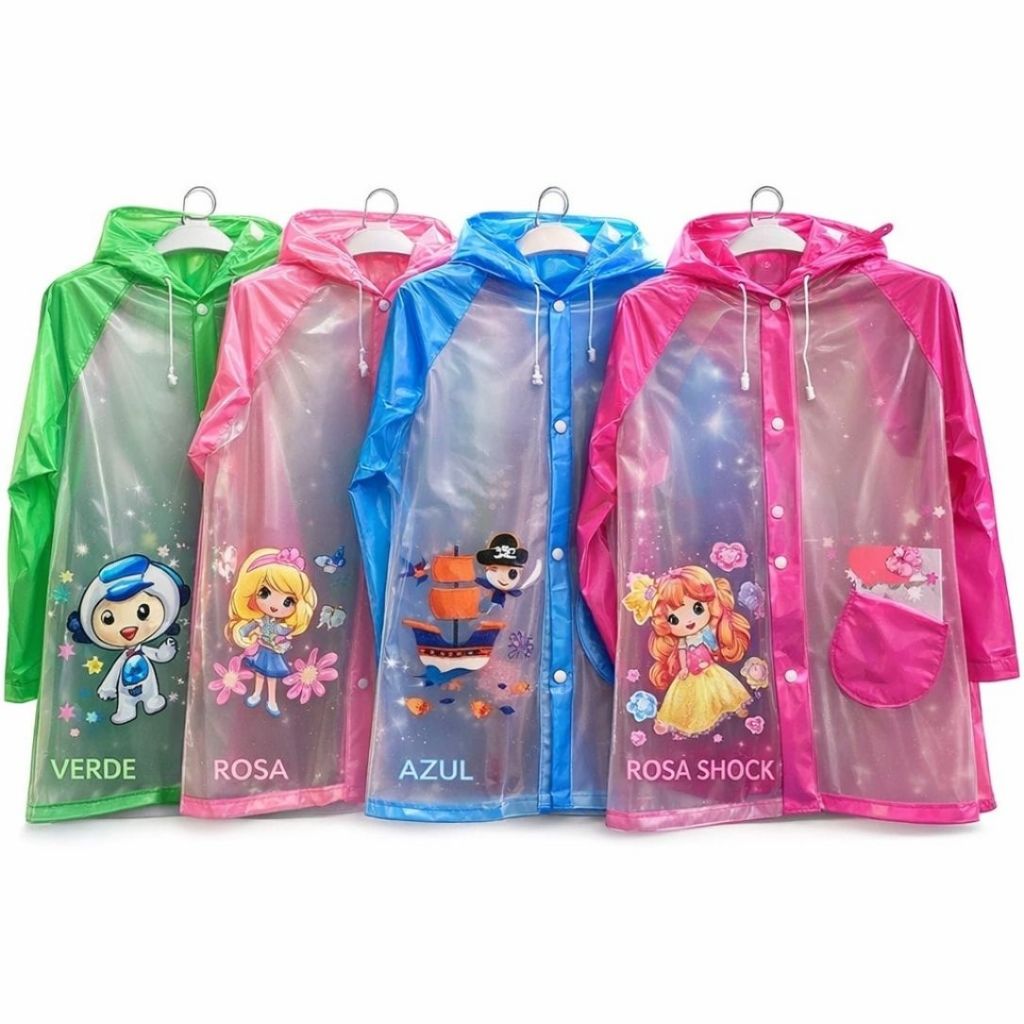 Capa de Chuva Infantil Reforçada Impermeável c/ Capuz Desenho Menina Menino Escolar