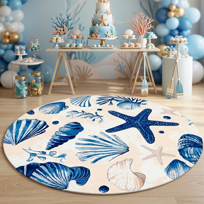 Tapete Decorativo Fundo do Mar Redondo 1,40 x 1,40 Conchas Azul Festa Praia Lançamento Bibi Painéis
